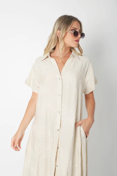  Vestido VANDALI Camisero de Lino c/ Hojas Bordadas GU2526