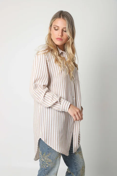 Camisa LOISA Lino Larga Raya ANCHA con Bolsillo