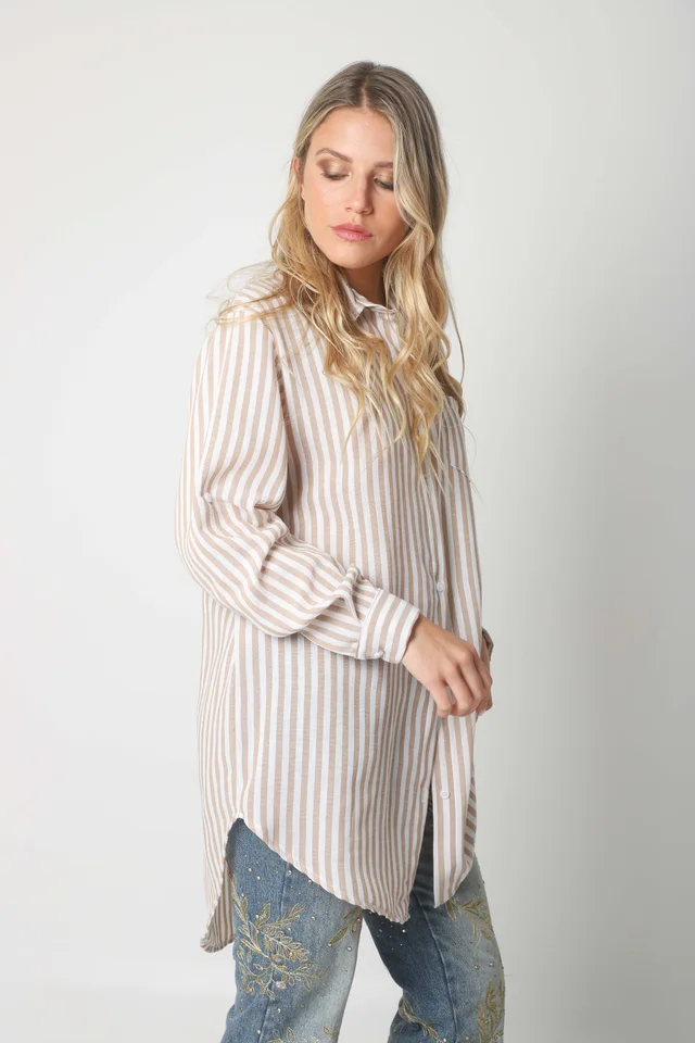 Camisa LOISA Lino Larga Raya ANCHA con Bolsillo