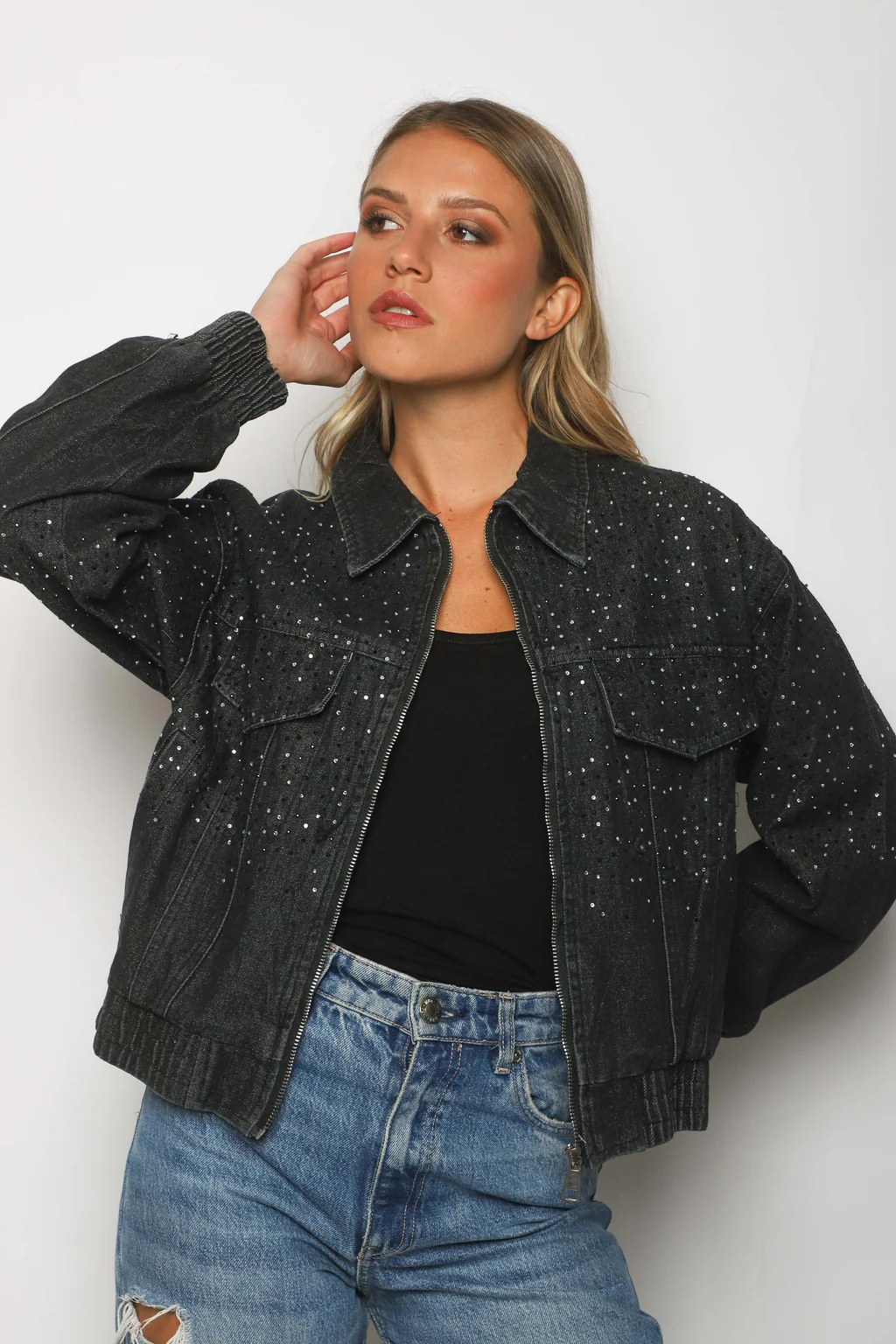 Campera Jean Vakz con Cierre y Strass GU70014