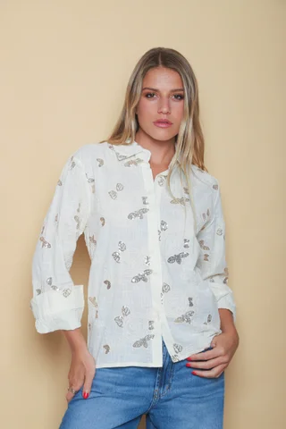 Camisa MISUKI LINO Bordada Flor Lentejuelas GU5192 - Vista 2
