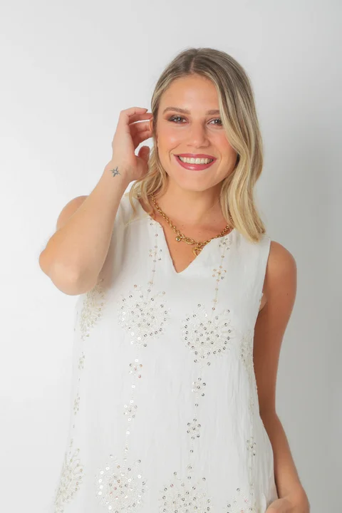 Vestido ZAFIRO de Lino c/Lentejuelas Hojas y Bolsillos GU250107