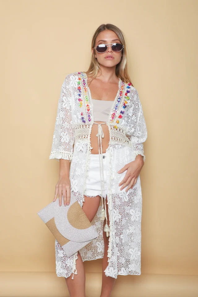 Kimono CERDEÑA Encaje Cuadrille Con Cintura Crochet GUH52737