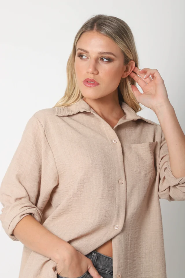 Camisa MARQUESA LARGA  de Lino con Fantasia y Bolsillo 