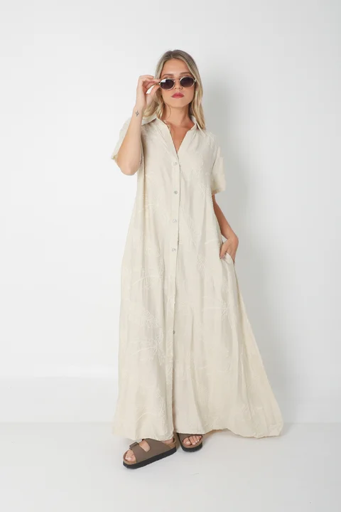  Vestido VANDALI Camisero de Lino c/ Hojas Bordadas GU2526