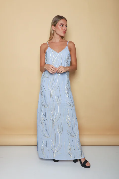 Vestido SANSA de Lino Forrado c/ Lentejuelas Bordadas GU70142