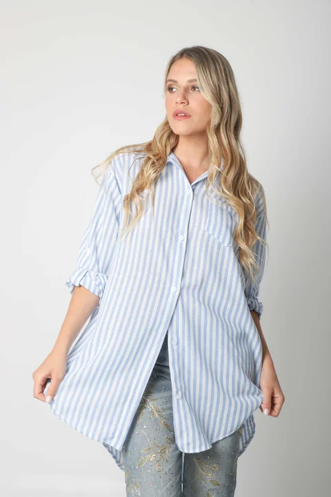 Camisa LOISA Lino Larga Raya ANCHA con Bolsillo