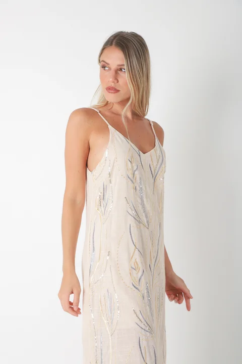 Vestido SANSA de Lino Forrado c/ Lentejuelas Bordadas GU70142