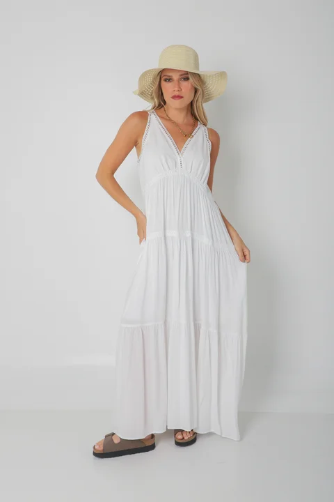 Vestido MURIEL de lino c/ guardas Guipiure GU2523