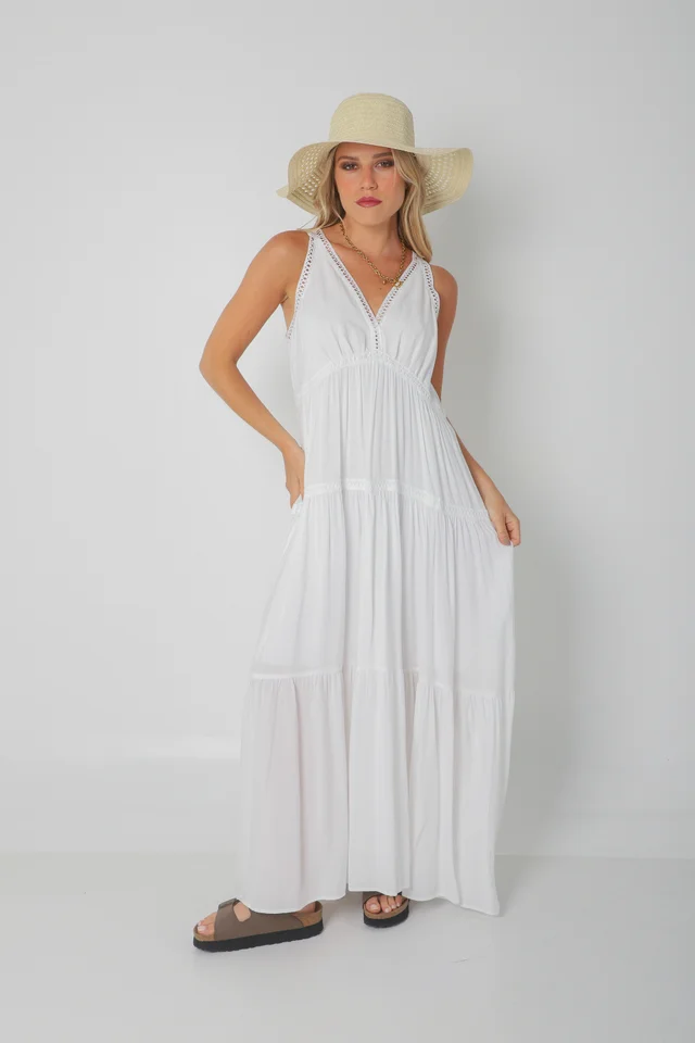 Vestido MURIEL de lino c/ guardas Guipiure GU2523