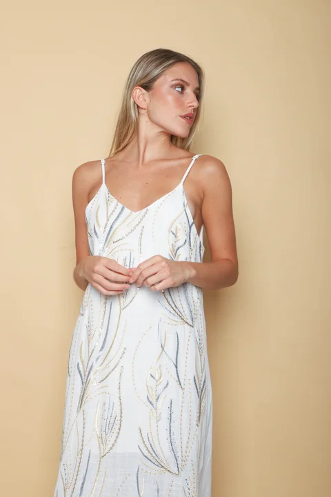 Vestido SANSA de Lino Forrado c/ Lentejuelas Bordadas GU70142