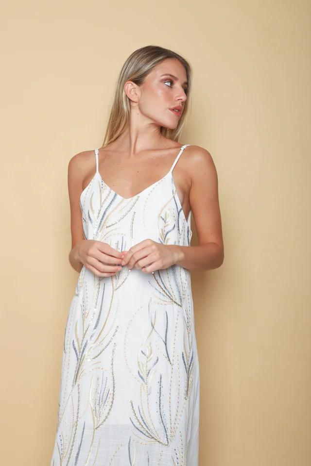 Vestido SANSA de Lino Forrado c/ Lentejuelas Bordadas GU70142