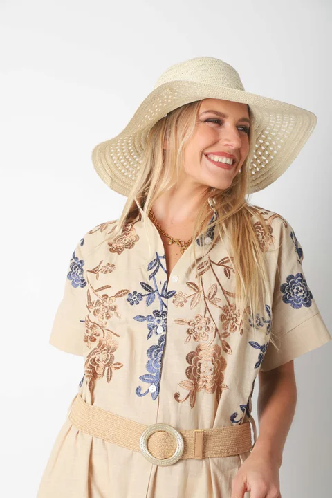 Vestido Camisero VONDO Lino Bordado y Cinto GU42