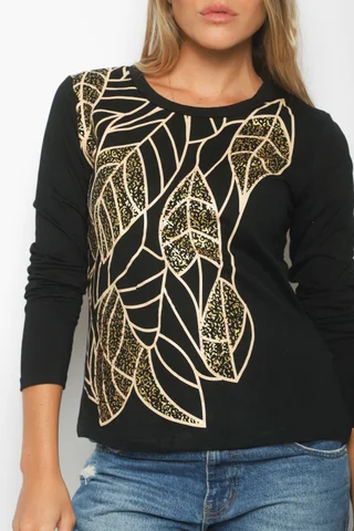 Remera HOJAS con Strass GU70047 - Vista 3