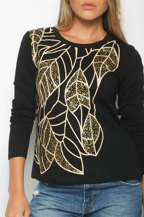 Remera HOJAS con Strass GU70047