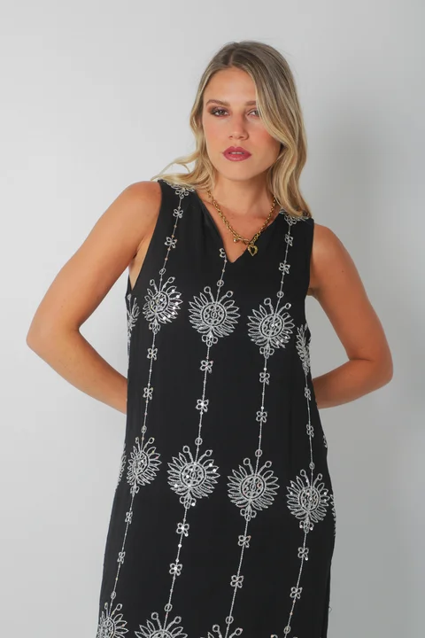 Vestido ZAFIRO de Lino c/Lentejuelas Hojas y Bolsillos GU250107