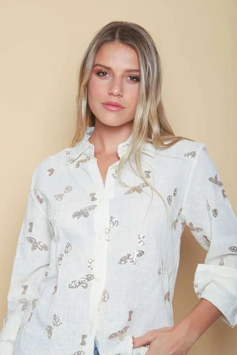 Camisa MISUKI LINO Bordada Flor Lentejuelas GU5192