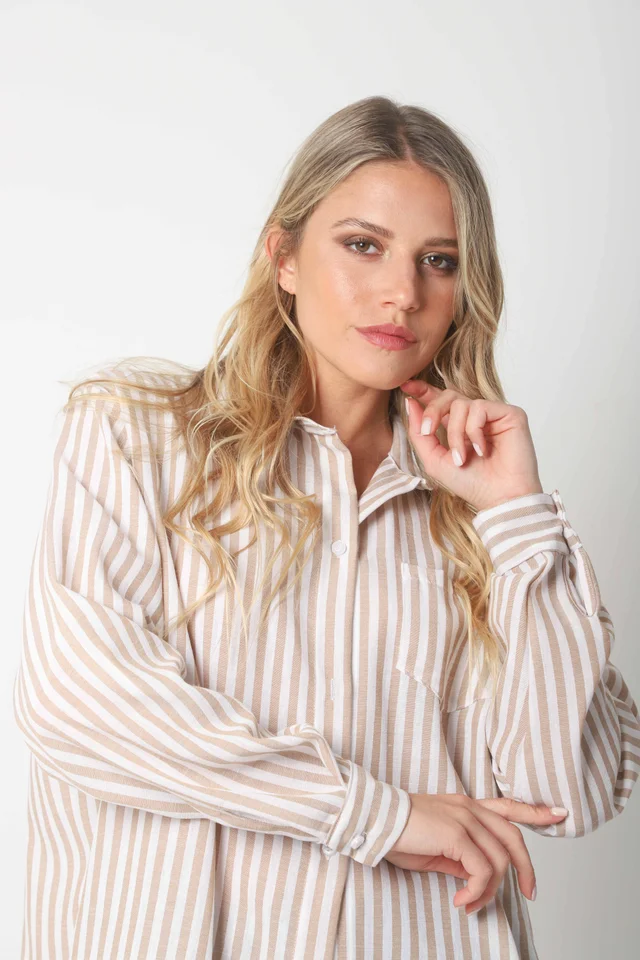 Camisa LOISA Lino Larga Raya ANCHA con Bolsillo