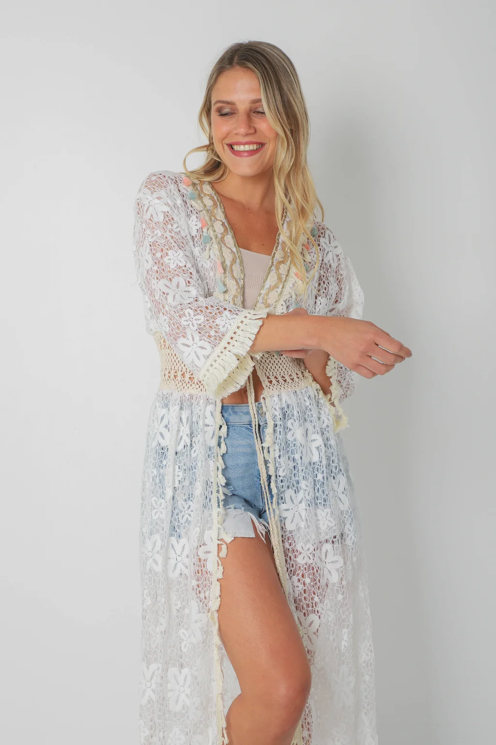 Kimono BORDEAUX Encaje Cuadrille Con Cintura Crochet GUH12567