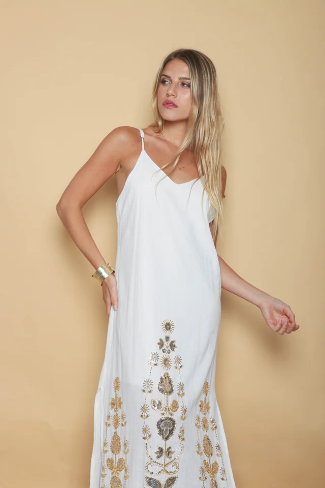 Vestido RHAPSODY Amplio Lino con Canutillos Bordados GU4086