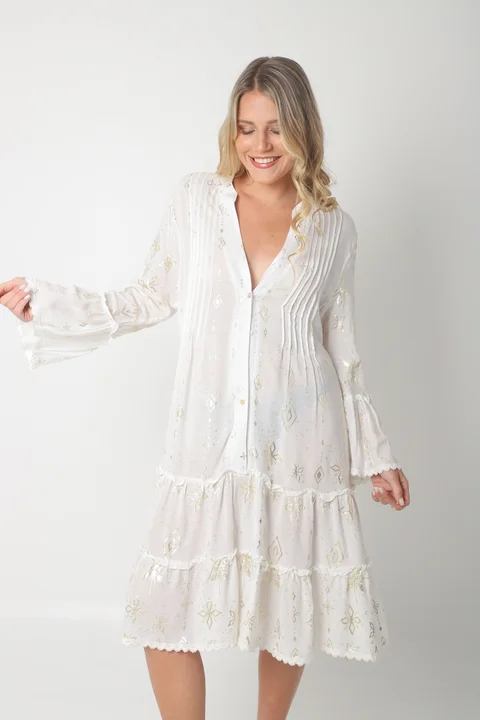 Vestido CINDERELA POPLIN ESTAMPADO  c/ recortes y volados GU4669