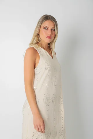 Vestido ZAFIRO de Lino c/Lentejuelas Hojas y Bolsillos GU250107 - Vista 5