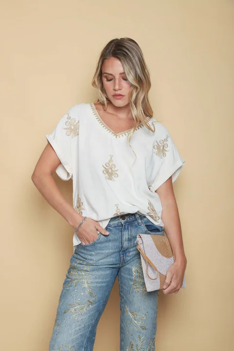 Blusa CATALUÑA Bordada de Lino GU0532