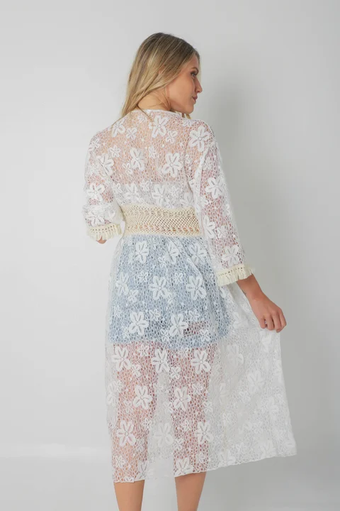 Kimono BORDEAUX Encaje Cuadrille Con Cintura Crochet GUH12567