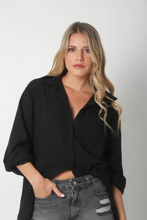 Camisa MARQUESA LARGA  de Lino con Fantasia y Bolsillo 