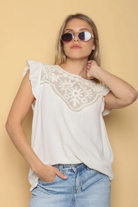 Musculosa ELOISA Lino Volado y Crochet GU0551