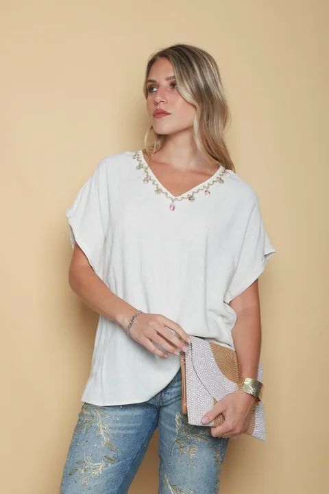 Blusa TAYLOR de Lino c/aplique caracolitos GU0545