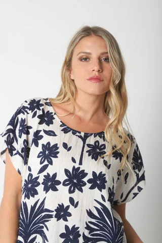 Blusa Lino Amplia Chenay Hojas c/ Strass  GU6130N - Vista 6