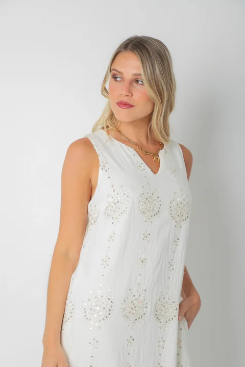 Vestido ZAFIRO de Lino c/Lentejuelas Hojas y Bolsillos GU250107