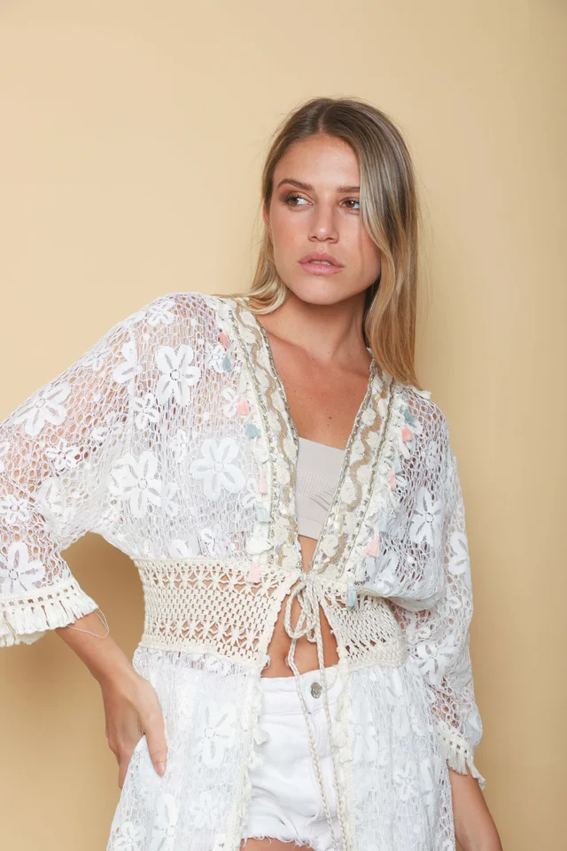 Kimono BORDEAUX Encaje Cuadrille Con Cintura Crochet GUH12567