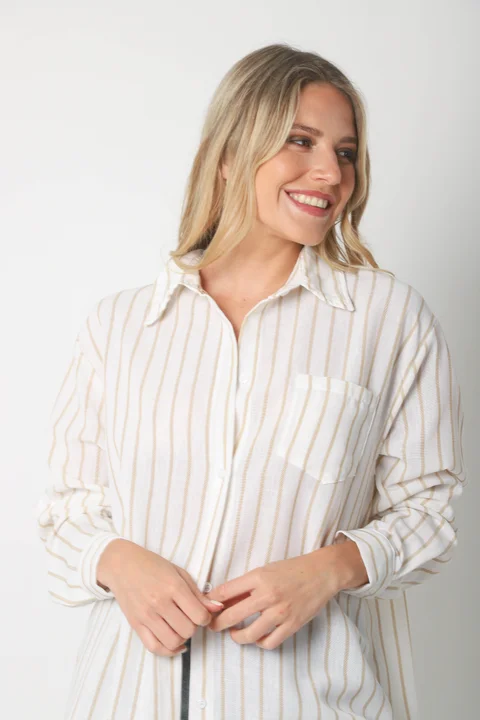 Camisa Emili Lino Larga Rayada con Bolsillo