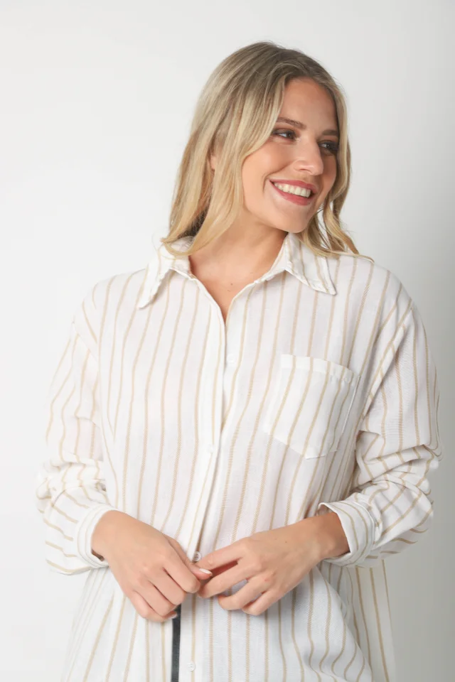 Camisa Emili Lino Larga Rayada con Bolsillo