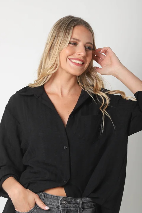 Camisa MARQUESA LARGA  de Lino con Fantasia y Bolsillo 