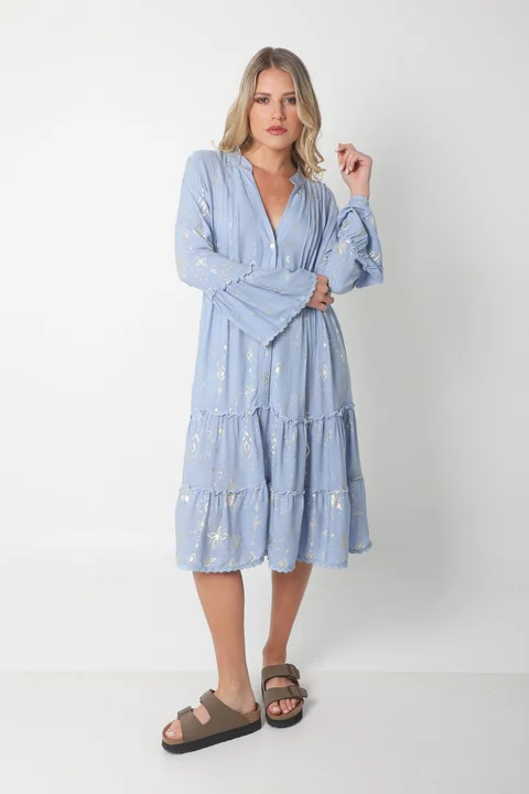 Vestido CINDERELA POPLIN ESTAMPADO  c/ recortes y volados GU4669