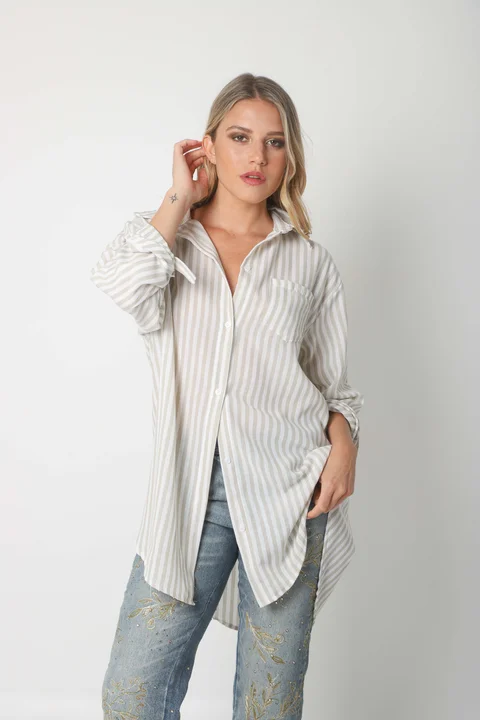 Camisa LOISA Lino Larga Raya ANCHA con Bolsillo
