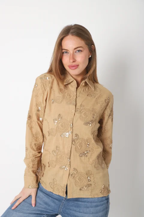 Camisa MISUKI LINO Bordada Flor Lentejuelas GU5192