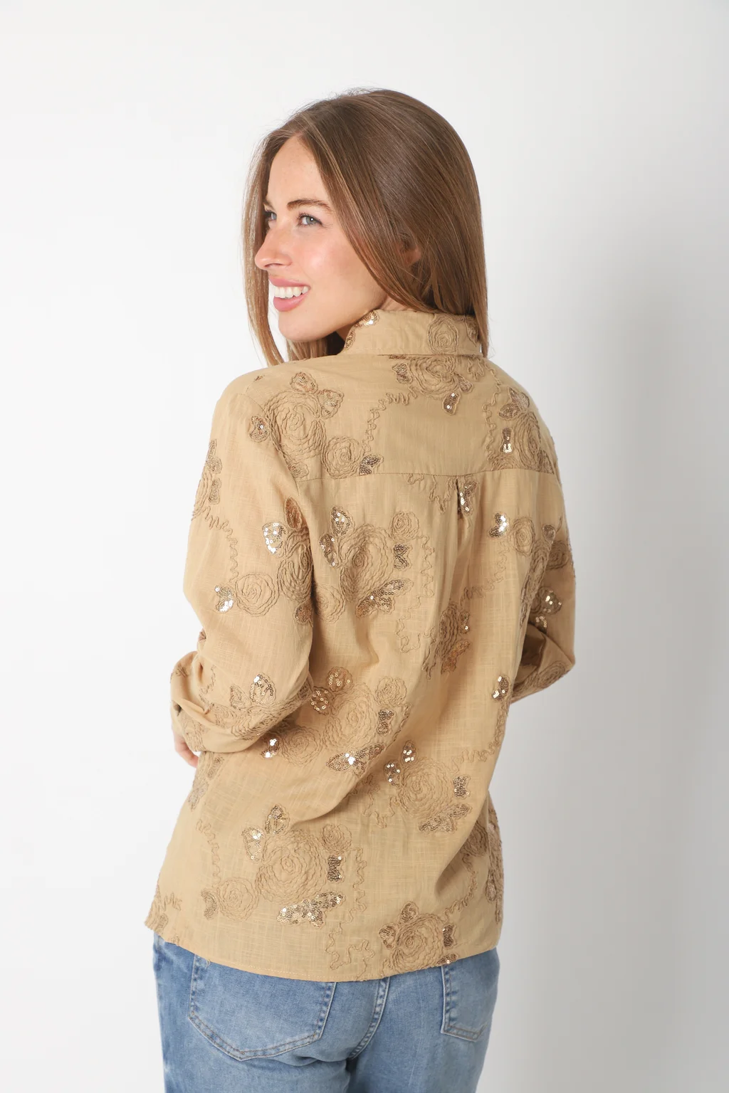 Camisa MISUKI LINO Bordada Flor Lentejuelas GU5192