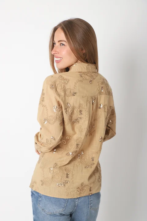 Camisa MISUKI LINO Bordada Flor Lentejuelas GU5192