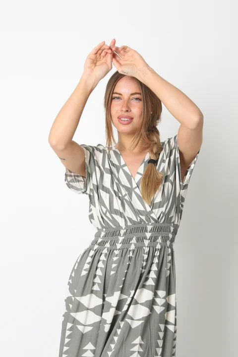 Vestido BOMBAI Cruzado LINO Estampado Triangulo GU5766