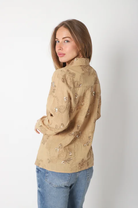 Camisa MISUKI LINO Bordada Flor Lentejuelas GU5192