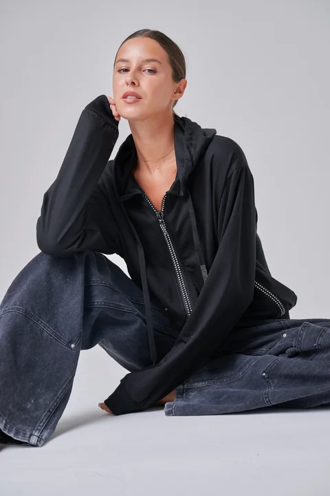 Campera Siena Black Algodon con Cierres con Brillos GUK166