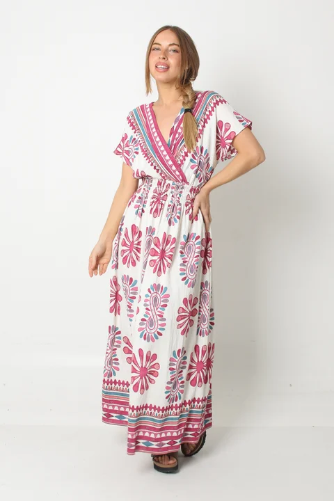 Vestido BOMBAI Cruzado LINO Estampado Flores GU5766