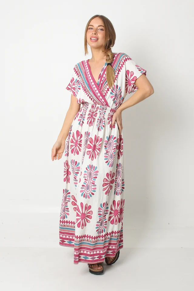 Vestido BOMBAI Cruzado LINO Estampado Flores GU5766