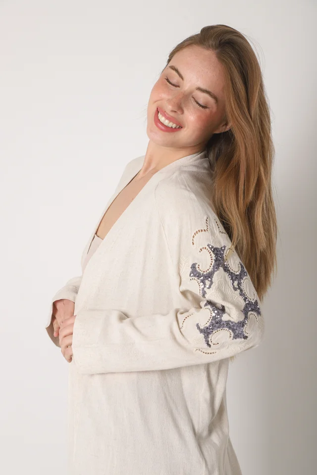 Kimono KEANE Lino Grueso Bordado c/ Lentejuelas GU94666