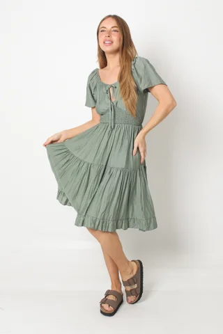 Vestido RANHI LINO Frunce manga Corta GU8960 - Vista 1