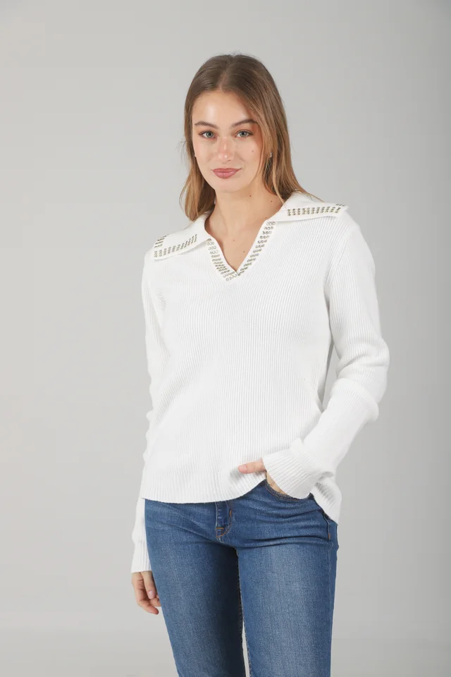 Sweater Bonjour Tipo Chomba C/ Tachas en Cuello GUL652